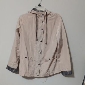 Cavalini Light Beige Hooded Utility Jacket with Plaid Cuffs. NWOT. Size L Petite